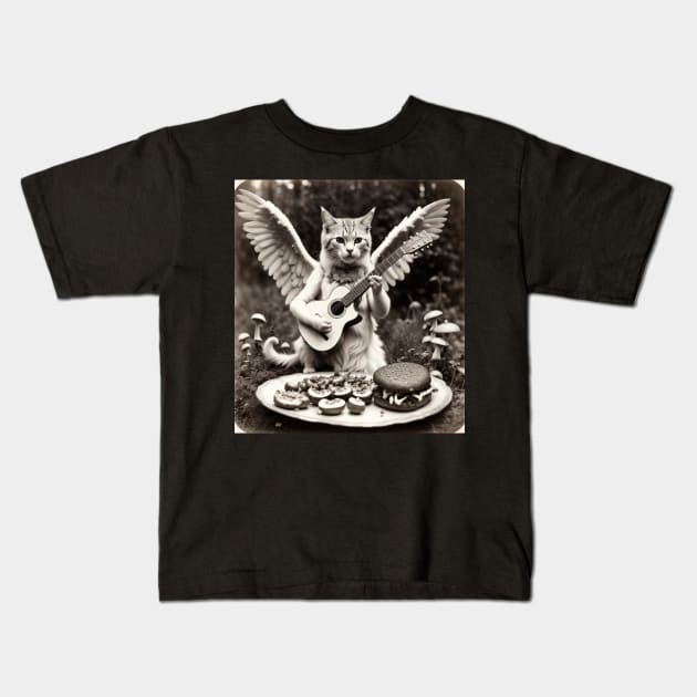 guitar angel cat enjoying burgers Kids T-Shirt by Catbrat